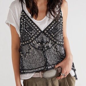 Free People Sheer Embellished Lace-Up Tank Top